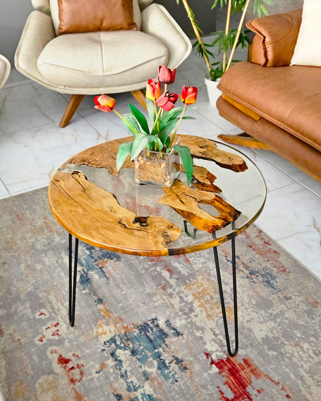 Personalized Epoxy Resin Coffee Table from Walnut Wood, Epoxy Coffee Table, Round Live Edge Resin Coffee Table, Round Epoxy Coffee Table