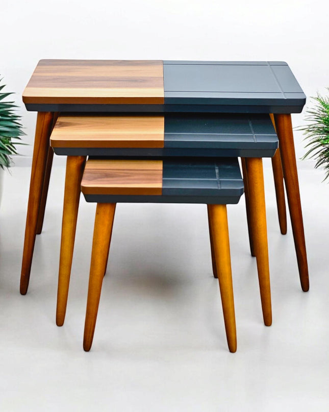 Modern Style Coffee Tables with Wooden Legs, Rustic Modern, Nest Of Tables Set of 3, Side Table Set Walnut Color, End Table Set