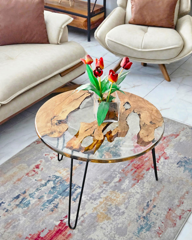 Personalized Epoxy Resin Coffee Table from Walnut Wood, Epoxy Coffee Table, Round Live Edge Resin Coffee Table, Round Epoxy Coffee Table