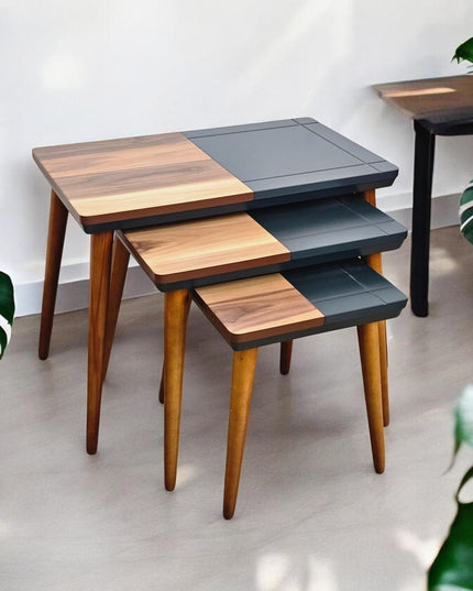 Modern Style Coffee Tables with Wooden Legs, Rustic Modern, Nest Of Tables Set of 3, Side Table Set Walnut Color, End Table Set