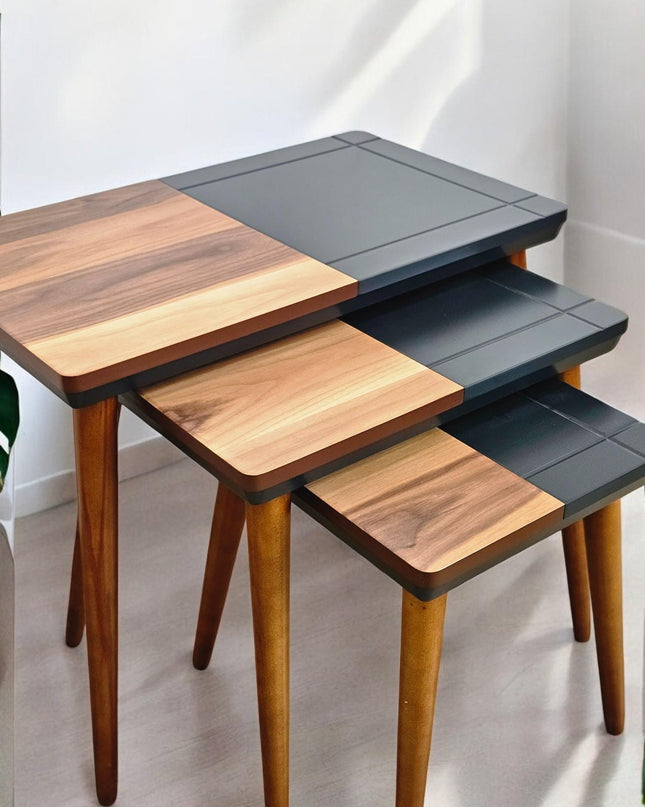 Modern Style Coffee Tables with Wooden Legs, Rustic Modern, Nest Of Tables Set of 3, Side Table Set Walnut Color, End Table Set