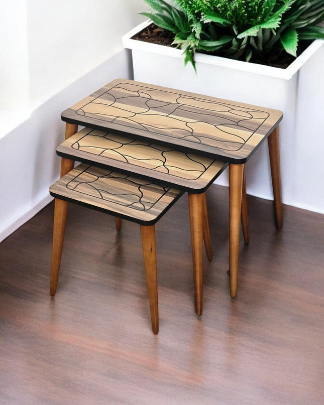 Unique Set of 3 Coffee Table, Walnut Side Table Mid Century, Side Table Set Walnut Color, Modern Living Room Furniture