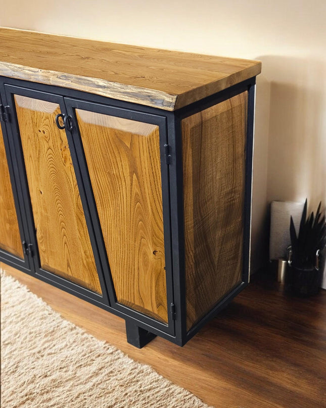 Live Edge Wooden Console, Modern Walnut Console, 4-door Walnut Console, Wooden Console, Metal and Wooden Console, Natural Walnut Console