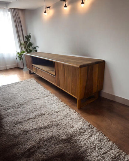 Natural Solid Wood and Metal Tv Unit, Walnut Wood TV Unit, Media Console and TV Storage, Rustic Style Tv Stand, Wooden TV Stand Cabinet