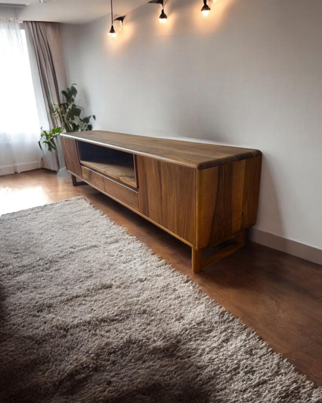 Natural Solid Wood and Metal Tv Unit, Walnut Wood TV Unit, Media Console and TV Storage, Rustic Style Tv Stand, Wooden TV Stand Cabinet