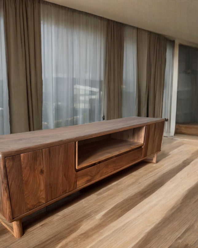 Natural Solid Wood and Metal Tv Unit, Walnut Wood TV Unit, Media Console and TV Storage, Rustic Style Tv Stand, Wooden TV Stand Cabinet