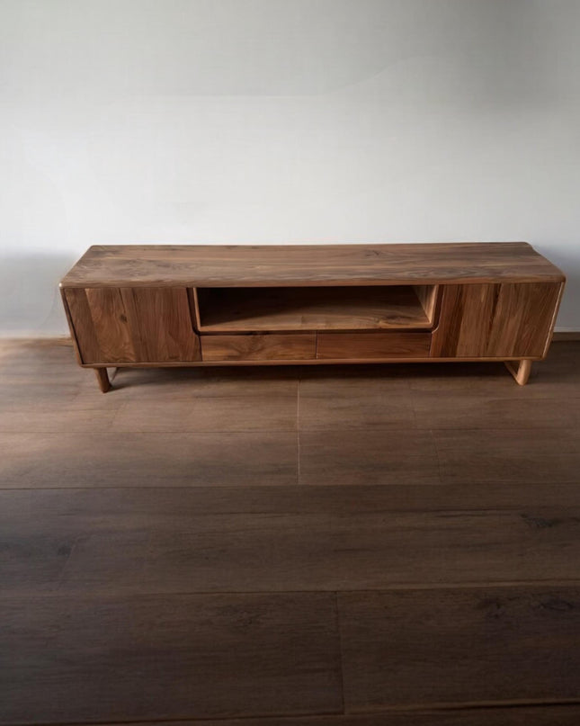 Natural Solid Wood and Metal Tv Unit, Walnut Wood TV Unit, Media Console and TV Storage, Rustic Style Tv Stand, Wooden TV Stand Cabinet