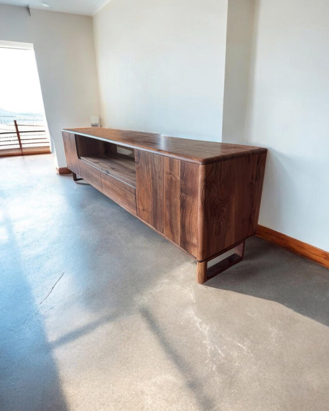 Natural Solid Wood and Metal Tv Unit, Walnut Wood TV Unit, Media Console and TV Storage, Rustic Style Tv Stand, Wooden TV Stand Cabinet