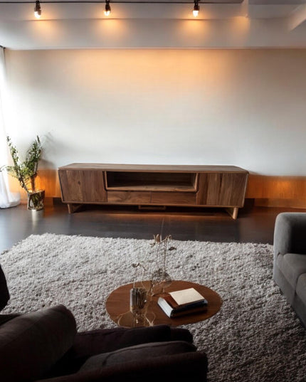 Natural Solid Wood and Metal Tv Unit, Walnut Wood TV Unit, Media Console and TV Storage, Rustic Style Tv Stand, Wooden TV Stand Cabinet