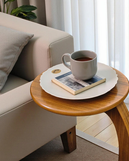 Round C-Shaped Side Table: Walnut or Beech Wood Veneer, Rolling Accent Table