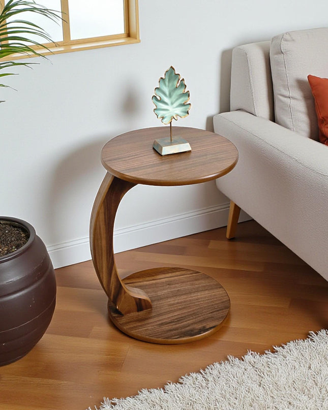 Round C-Shaped Side Table: Walnut or Beech Wood Veneer, Rolling Accent Table