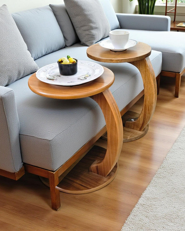 Round C-Shaped Side Table: Walnut or Beech Wood Veneer, Rolling Accent Table