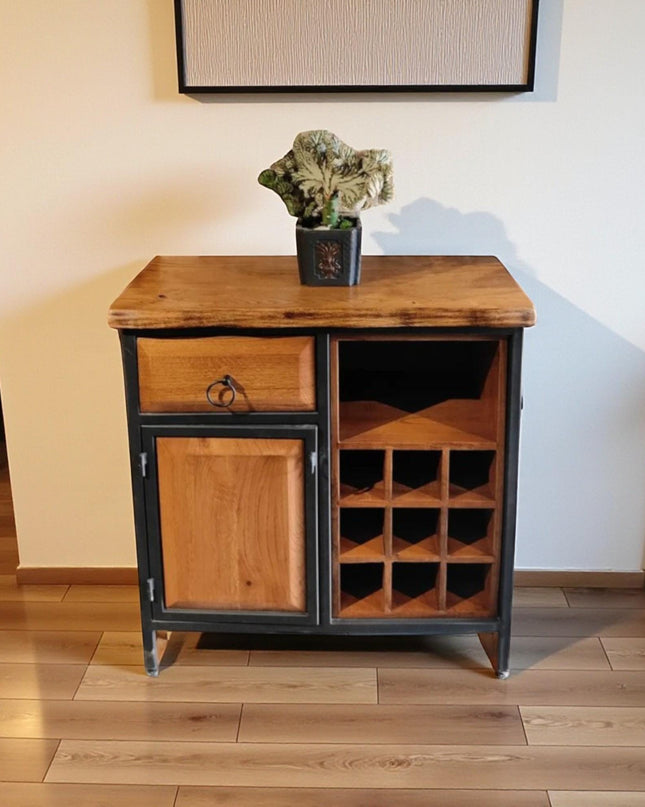 Walnut Wood Wine Rack Kitchen Cabinet Shelf | Mini Wine Bar & Liquor Storage Sideboard Organizer