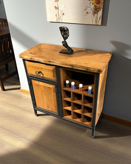 Walnut Wood Wine Rack Kitchen Cabinet Shelf | Mini Wine Bar & Liquor Storage Sideboard Organizer